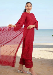 Red Embroidered Lawn 3-Piece Long Shirt Suit