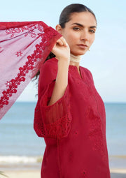 Red Embroidered Lawn 3-Piece Long Shirt Suit